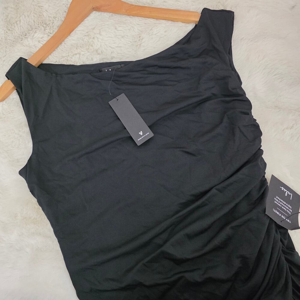 NEW Lulus Incredibly Posh Black Ruched Asymmetrical Midi Dress - Picture 12 of 13